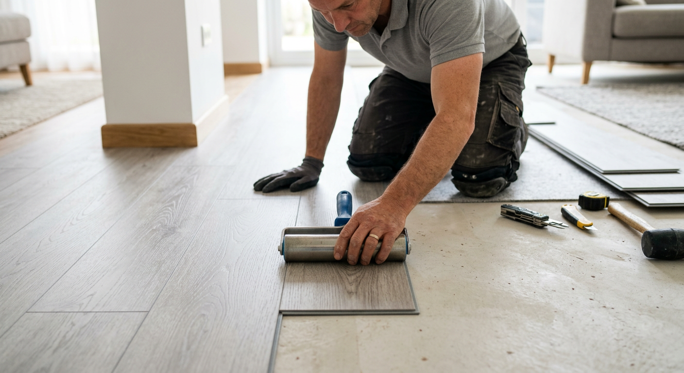 Installateur die een PVC vloer aanlegt in een moderne woonkamer met een roller