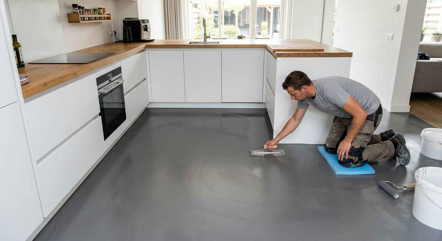 Gietvloer wordt afgewerkt met een troffel in een keuken voor een naadloos resultaat