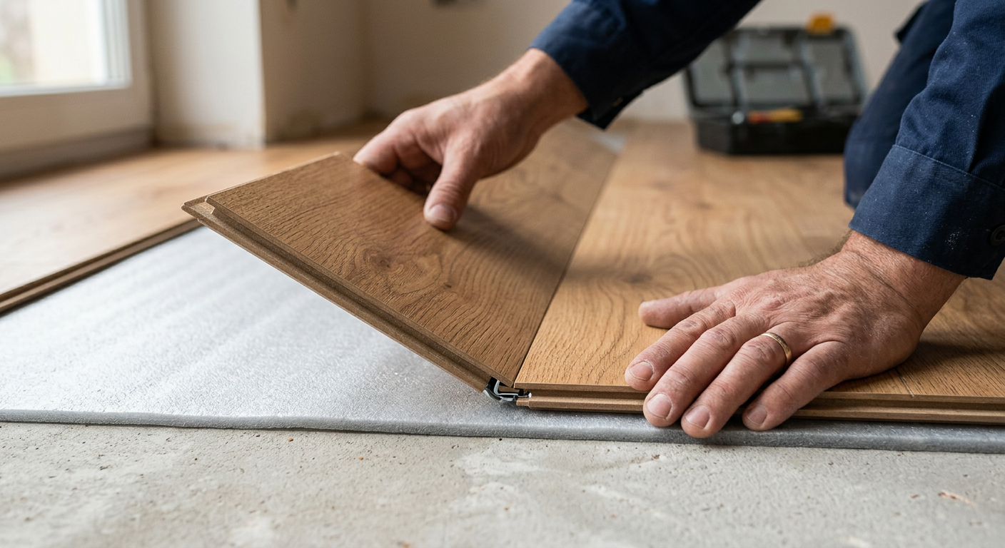 Laminaatvloer planken worden door een installateur met de hand in elkaar geklikt