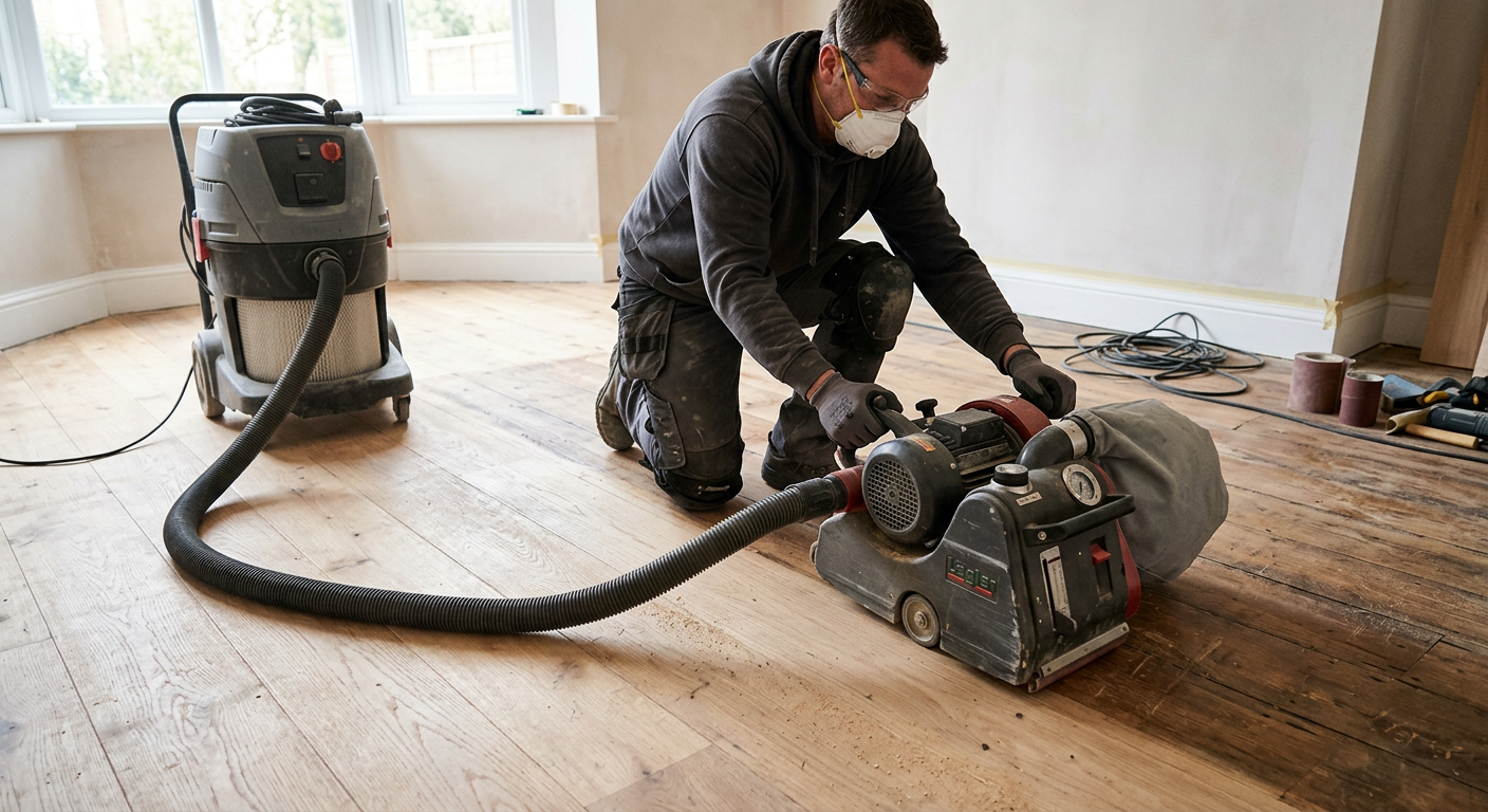 Houten vloer wordt geschuurd met een professionele schuurmachine en stofafzuiging