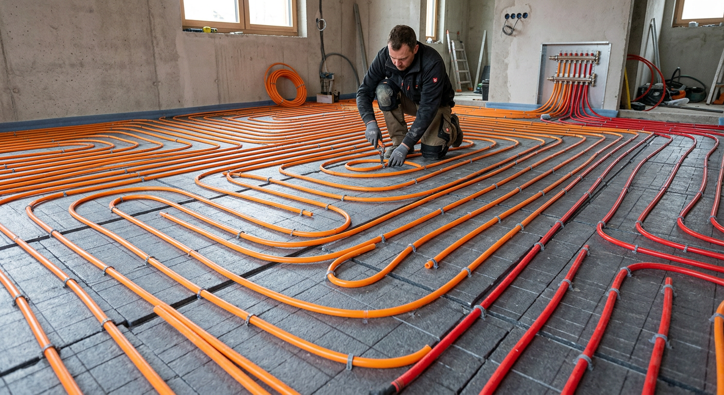 Vloerverwarming buizen worden gelegd op isolatieplaten voor het gieten van de dekvloer