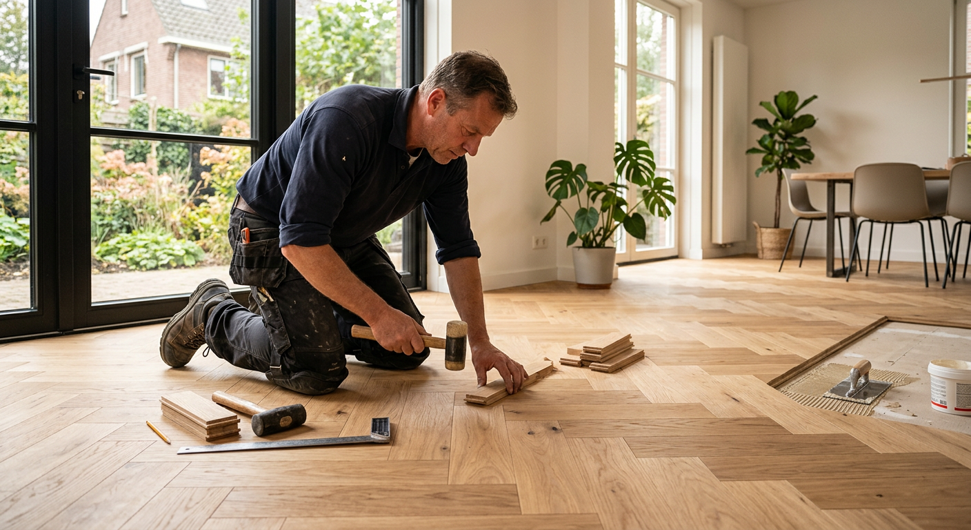 Installateur die een visgraatparketvloer legt in een moderne woning